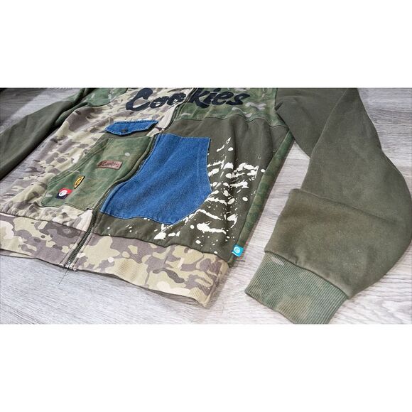 COOKIES Zip Hoodie Men's Size Large Green Camo Jean Full Zip Patchwork - Picture 7 of 14
